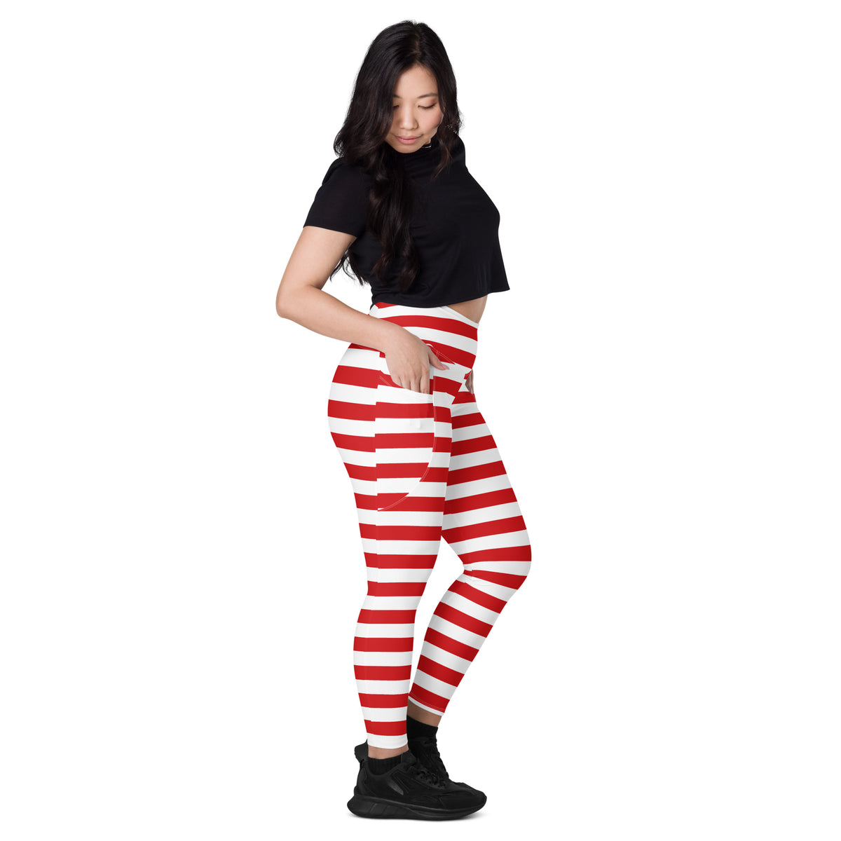 Women’s Striped Red Christmas Yoga Leggings With Pockets – High-Waisted, Soft Compression Active Pants