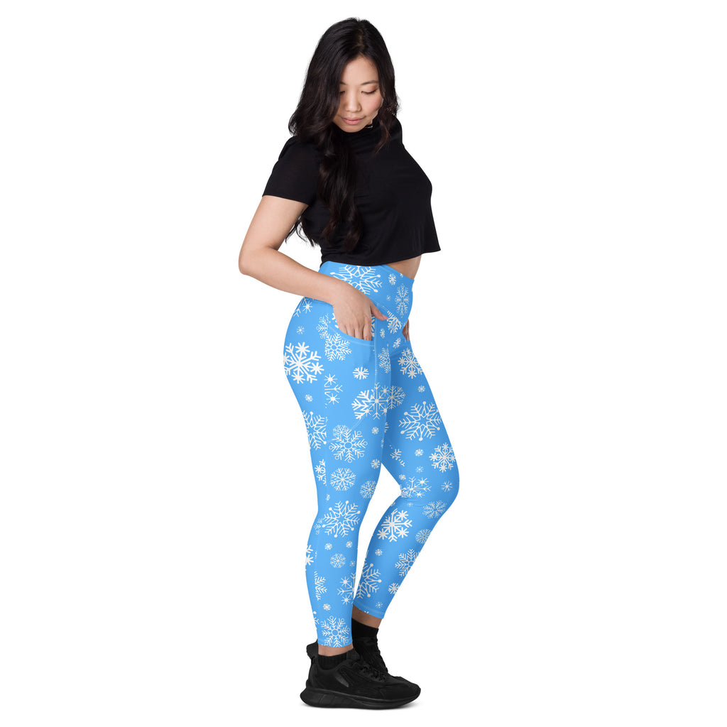 Women’s Blue Snowflake Christmas Yoga Leggings With Pockets – High-Waisted, Soft Compression Active Pants