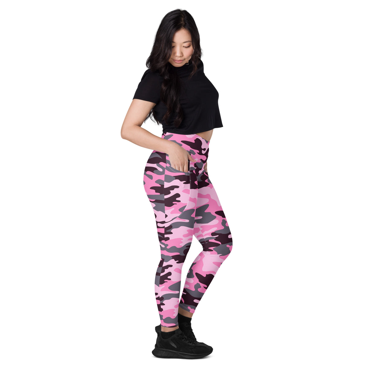 Women’s Pink Camouflage Yoga Leggings With Pockets – High-Waisted, Soft Compression Active Pants