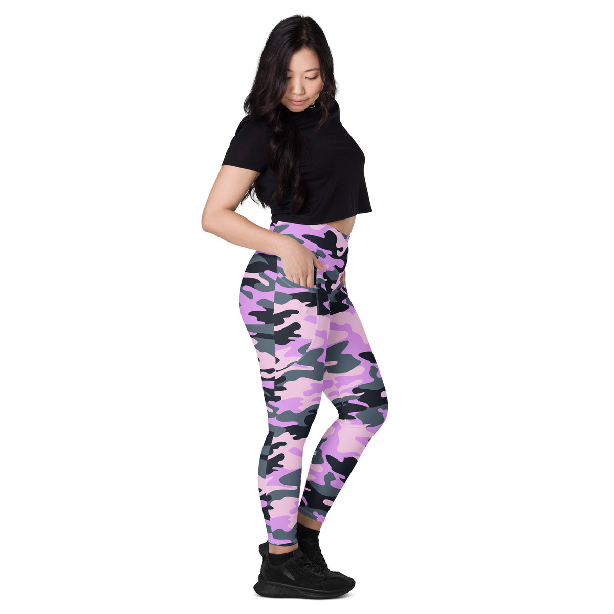 Women’s Purple Camouflage Yoga Leggings With Pockets – High-Waisted, Soft Compression Active Pants