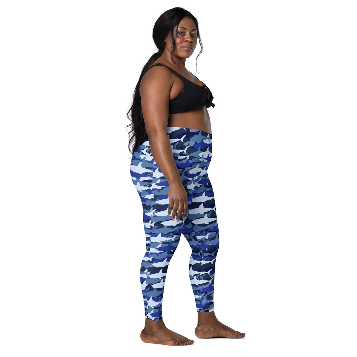 Women’s Blue Shark Camouflage Yoga Leggings With Pockets – High-Waisted, Soft Compression Active Pants