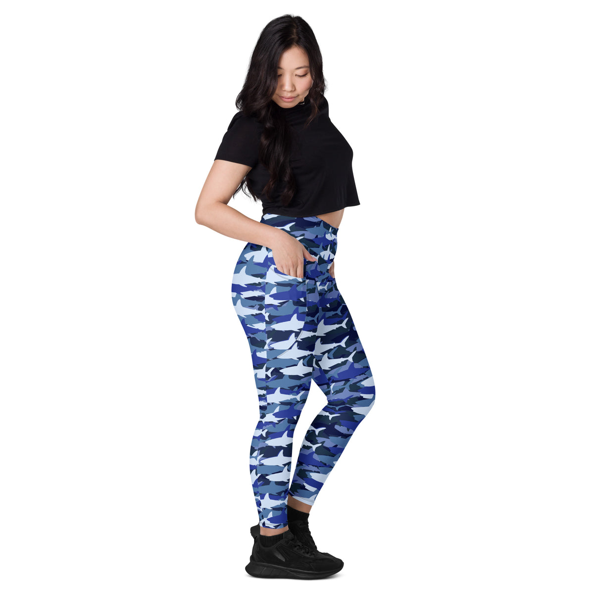 Women’s Blue Shark Camouflage Yoga Leggings With Pockets – High-Waisted, Soft Compression Active Pants