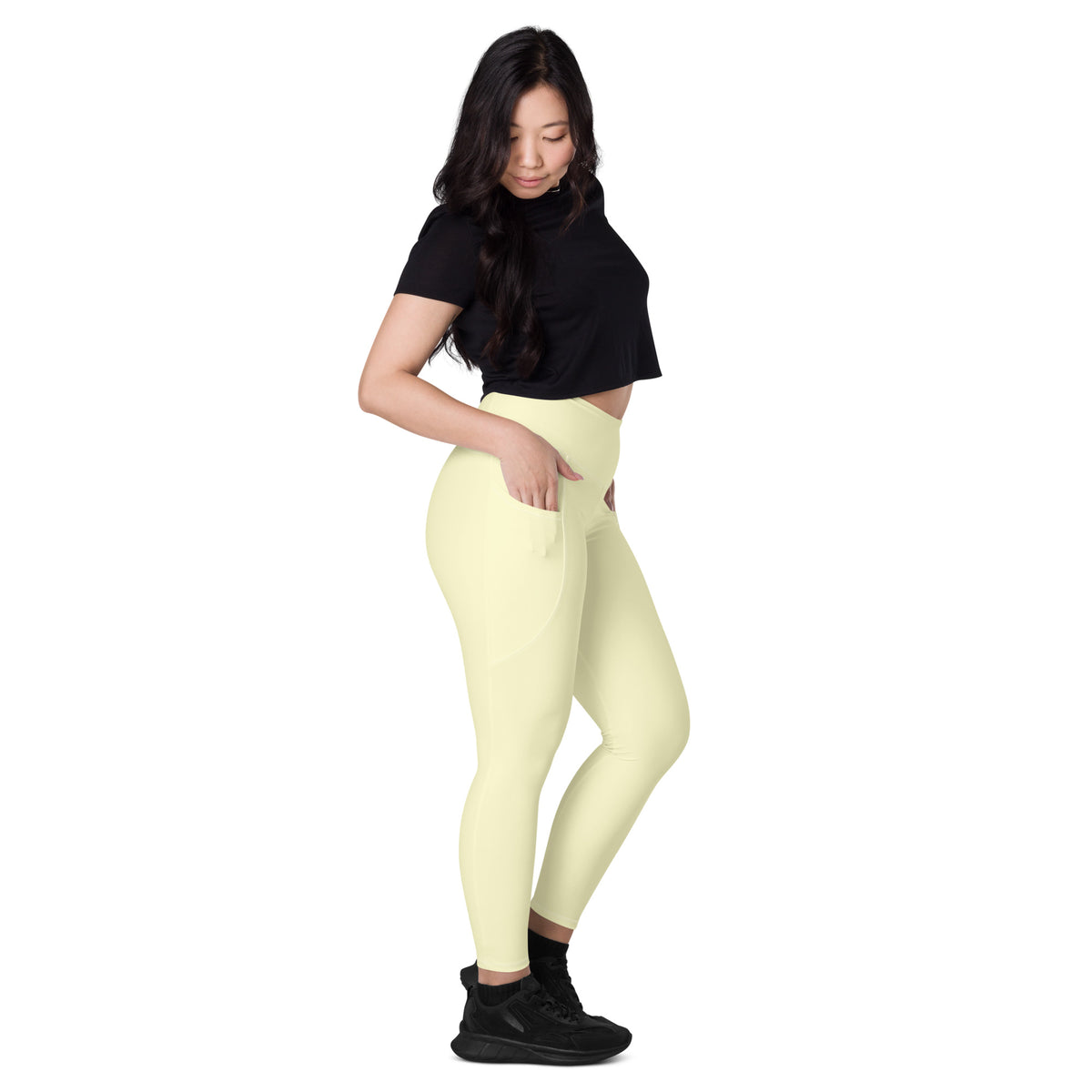 Women’s Cream Yellow Yoga Leggings With Pockets – High-Waisted, Soft Compression Active Pants