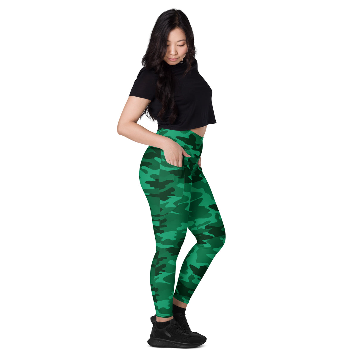 Women’s Green Camouflage Yoga Leggings With Pockets – High-Waisted, Soft Compression Active Pants