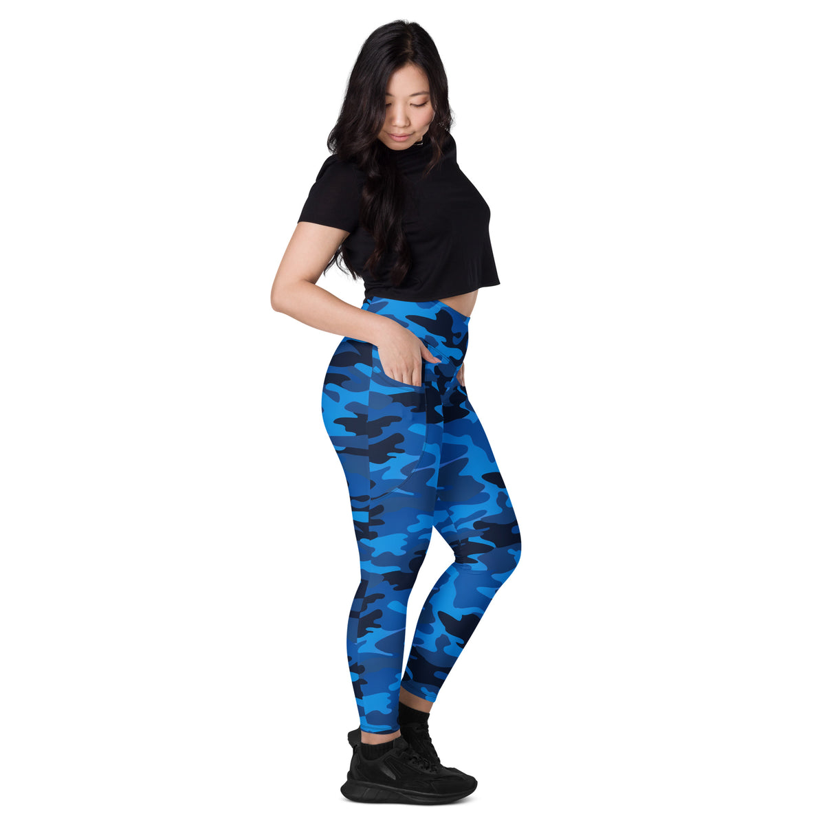 Women’s Blue Camouflage Yoga Leggings With Pockets – High-Waisted, Soft Compression Active Pants