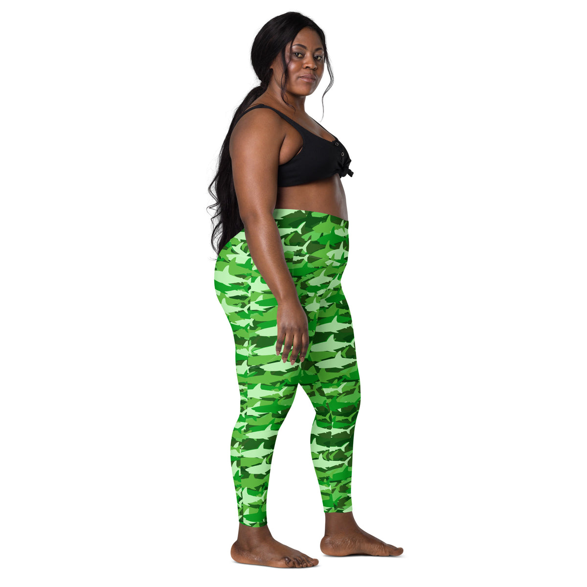 Women’s Green Shark Camouflage Yoga Leggings With Pockets – High-Waisted, Soft Compression Active Pants
