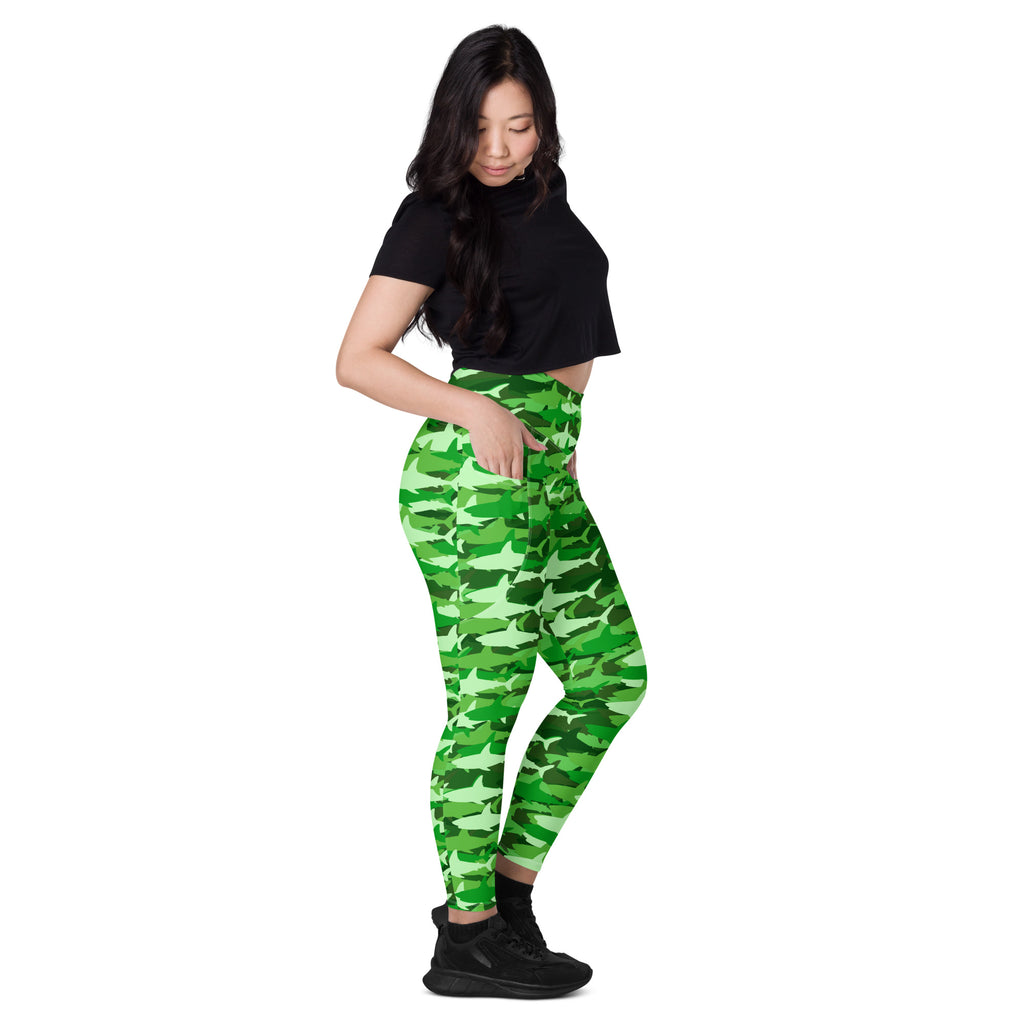 Women’s Green Shark Camouflage Yoga Leggings With Pockets – High-Waisted, Soft Compression Active Pants