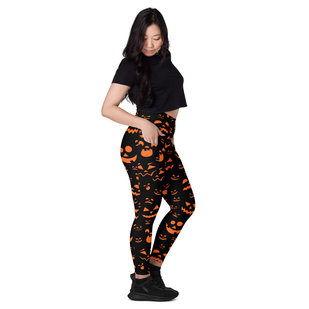 Women’s Orange Jack O’ Lantern Faces Halloween Yoga Leggings With Pockets – High-Waisted, Soft Compression Active Pants
