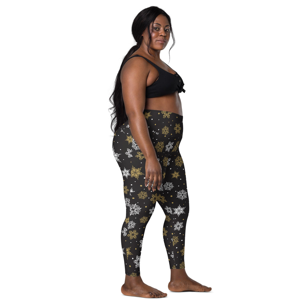 Women’s Dark Brown & Gold Snowflake Yoga Leggings With Pockets – High-Waisted, Soft Compression Active Pants