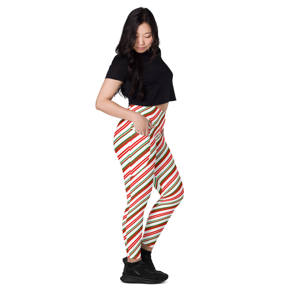 Women’s Christmas Candy Cane Stripe Yoga Leggings With Pockets – High-Waisted, Soft Compression Active Pants