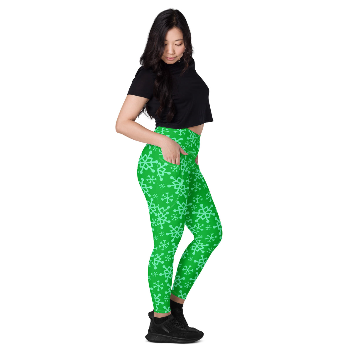 Women’s Green Snowflake Christmas Yoga Leggings With Pockets – High-Waisted, Soft Compression Active Pants