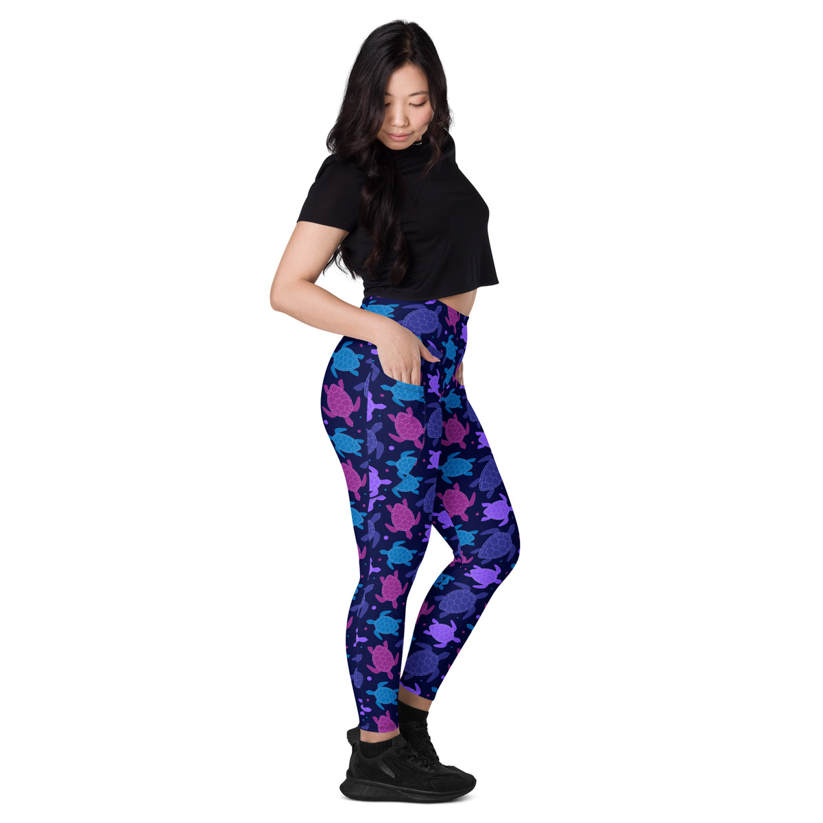 Women’s Purple Sea Turtle Yoga Leggings With Pockets – High-Waisted, Soft Compression Active Pants