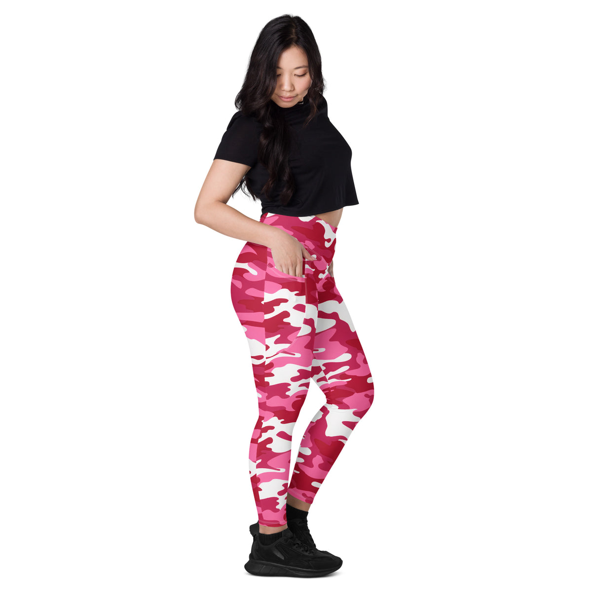 Women’s Bright Pink Camouflage Yoga Leggings With Pockets – High-Waisted, Soft Compression Active Pants