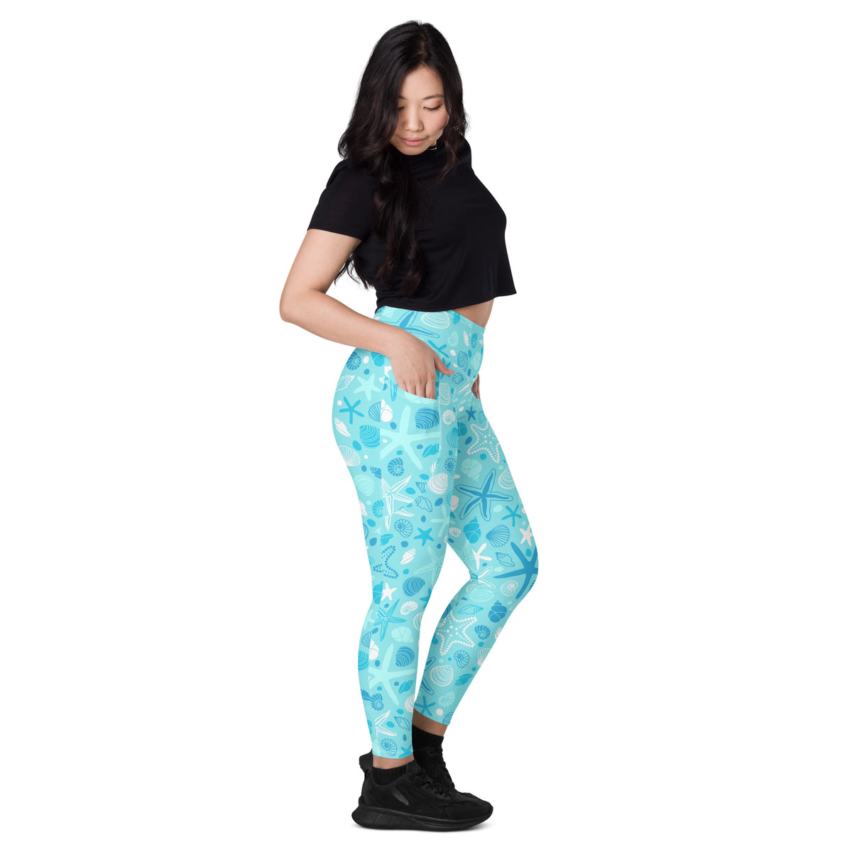 Women’s Starfish & Shells Leggings With Pockets – High-Waisted, Soft Compression Active Pants