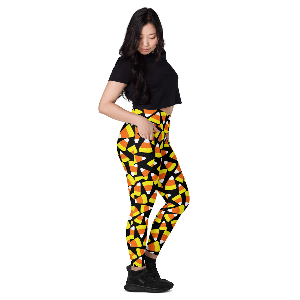 Women’s Candy Corn Halloween Leggings With Pockets – High-Waisted, Soft Compression Active Pants