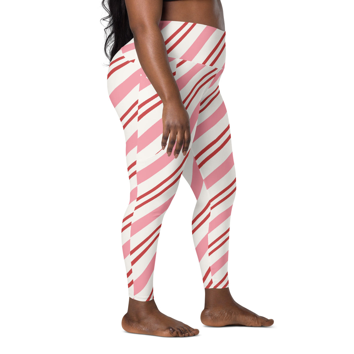 Women’s Pink Candy Cane Stripe Leggings With Pockets – High-Waisted, Soft Compression Active Pants