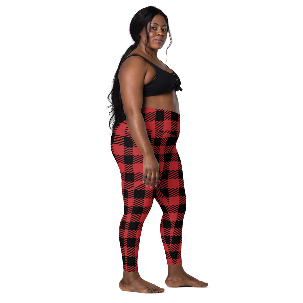 Women’s Red & Black Buffalo Plaid Leggings With Pockets – High-Waisted, Soft Compression Active Pants