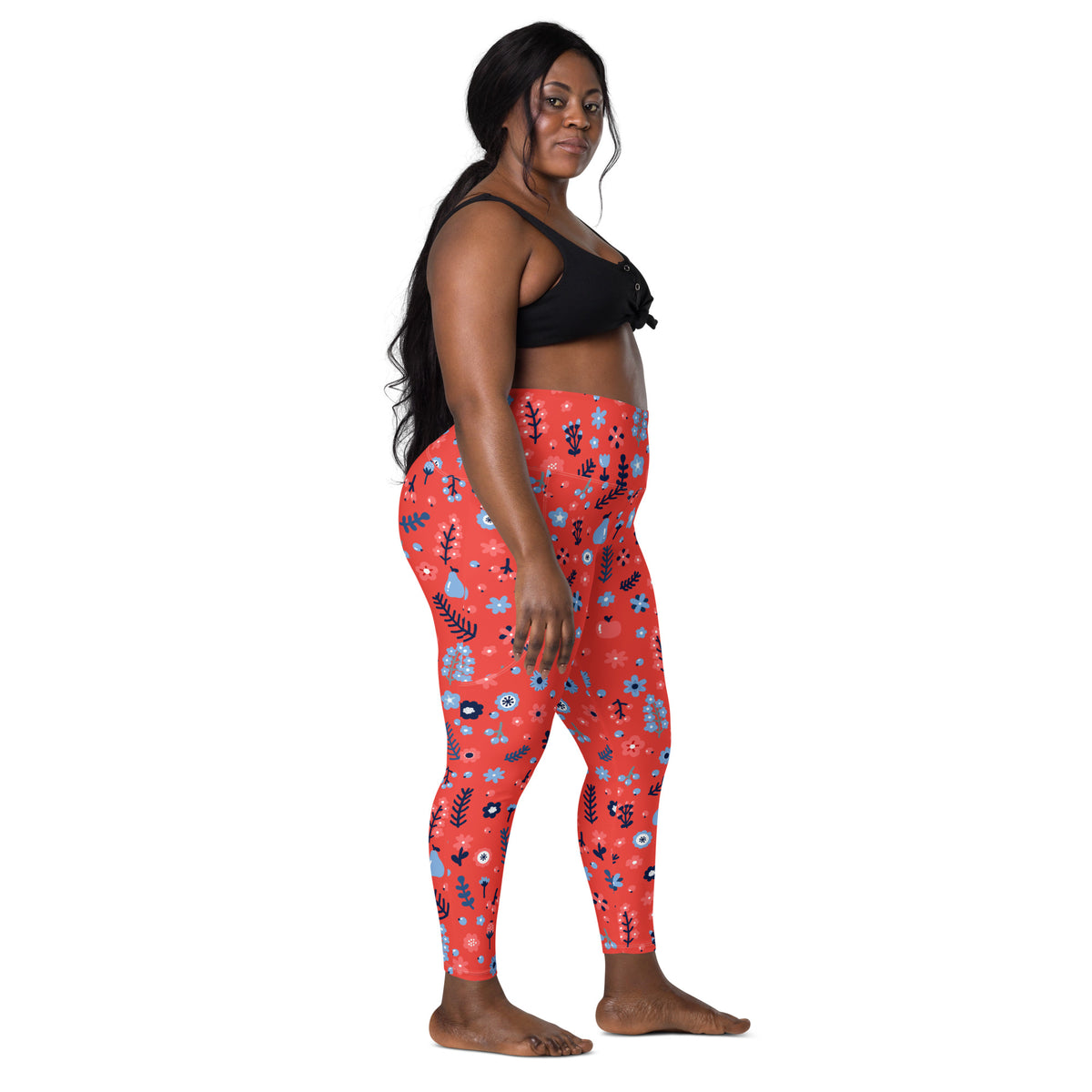 Women’s Coral Floral Leggings With Pockets – High-Waisted, Soft Compression Active Pants