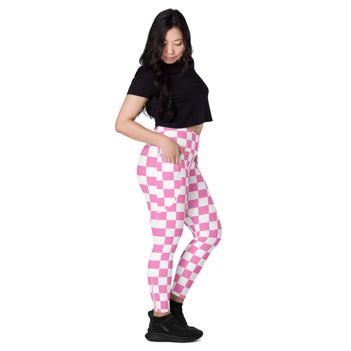 Women’s Pink Checkered Leggings With Pockets – High-Waisted, Soft Compression Active Pants