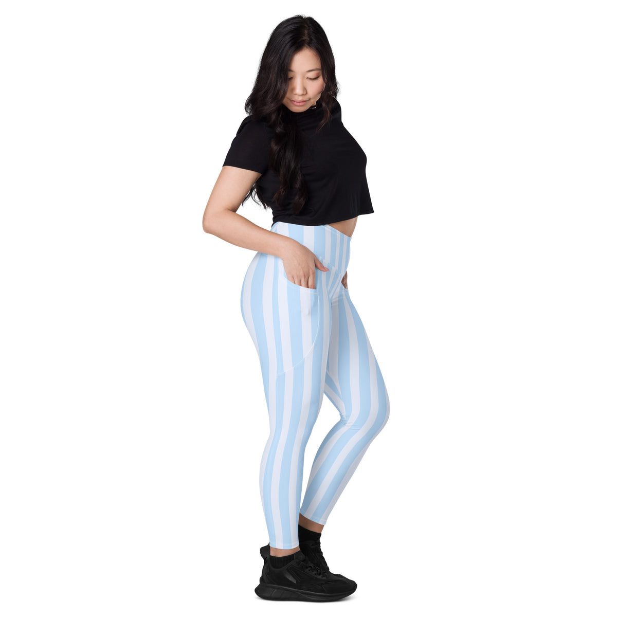 Women’s Light Blue Striped Leggings With Pockets – High-Waisted, Soft Compression Active Pants