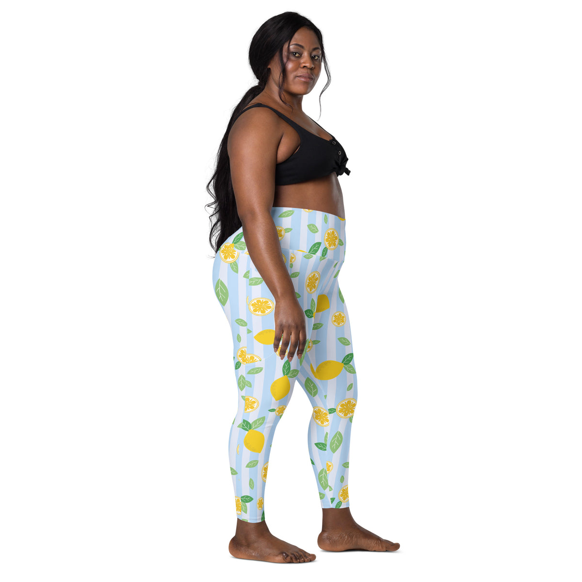 Women’s Lemon Stripe Leggings With Pockets – High-Waisted, Soft Compression Active Pants