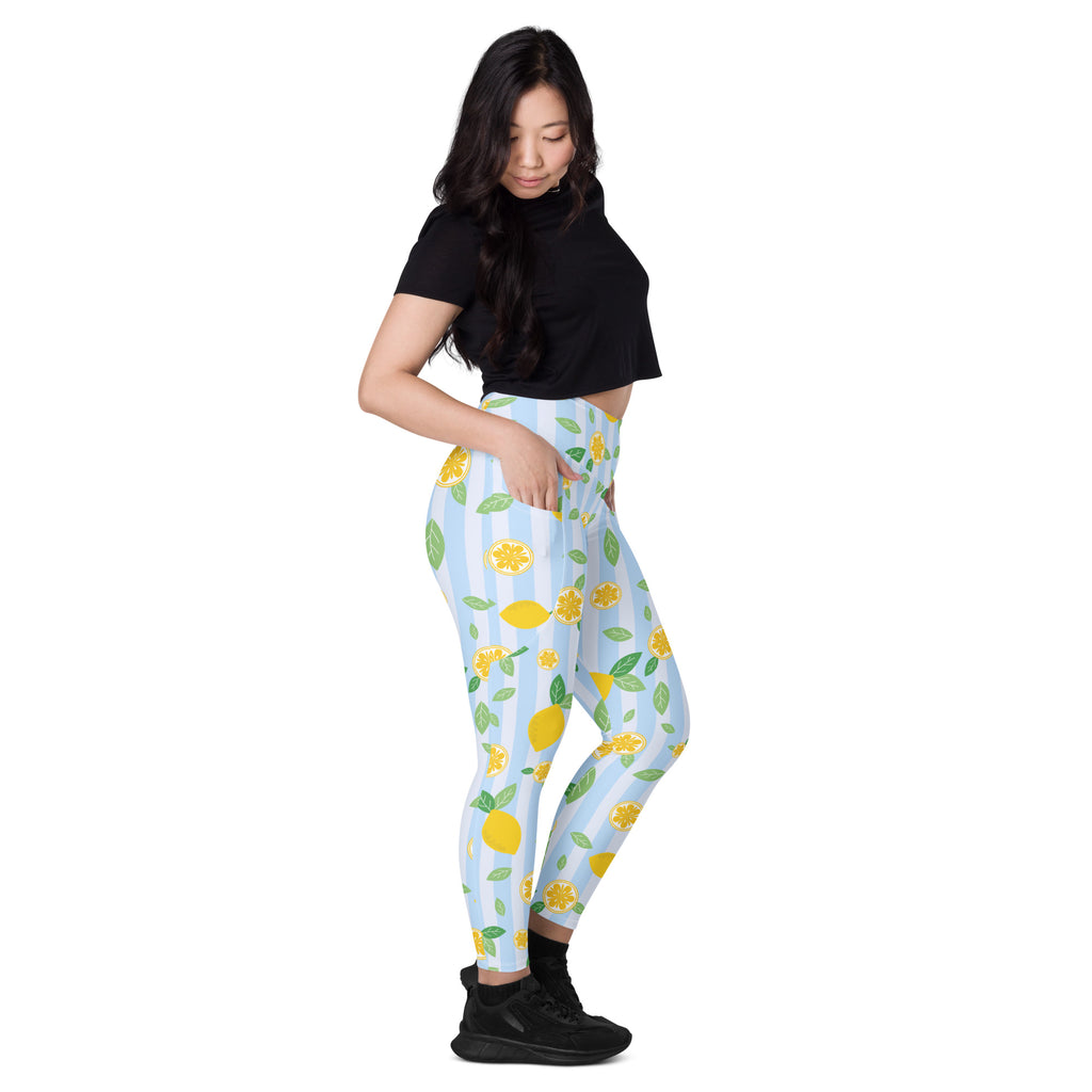 Women’s Lemon Stripe Leggings With Pockets – High-Waisted, Soft Compression Active Pants