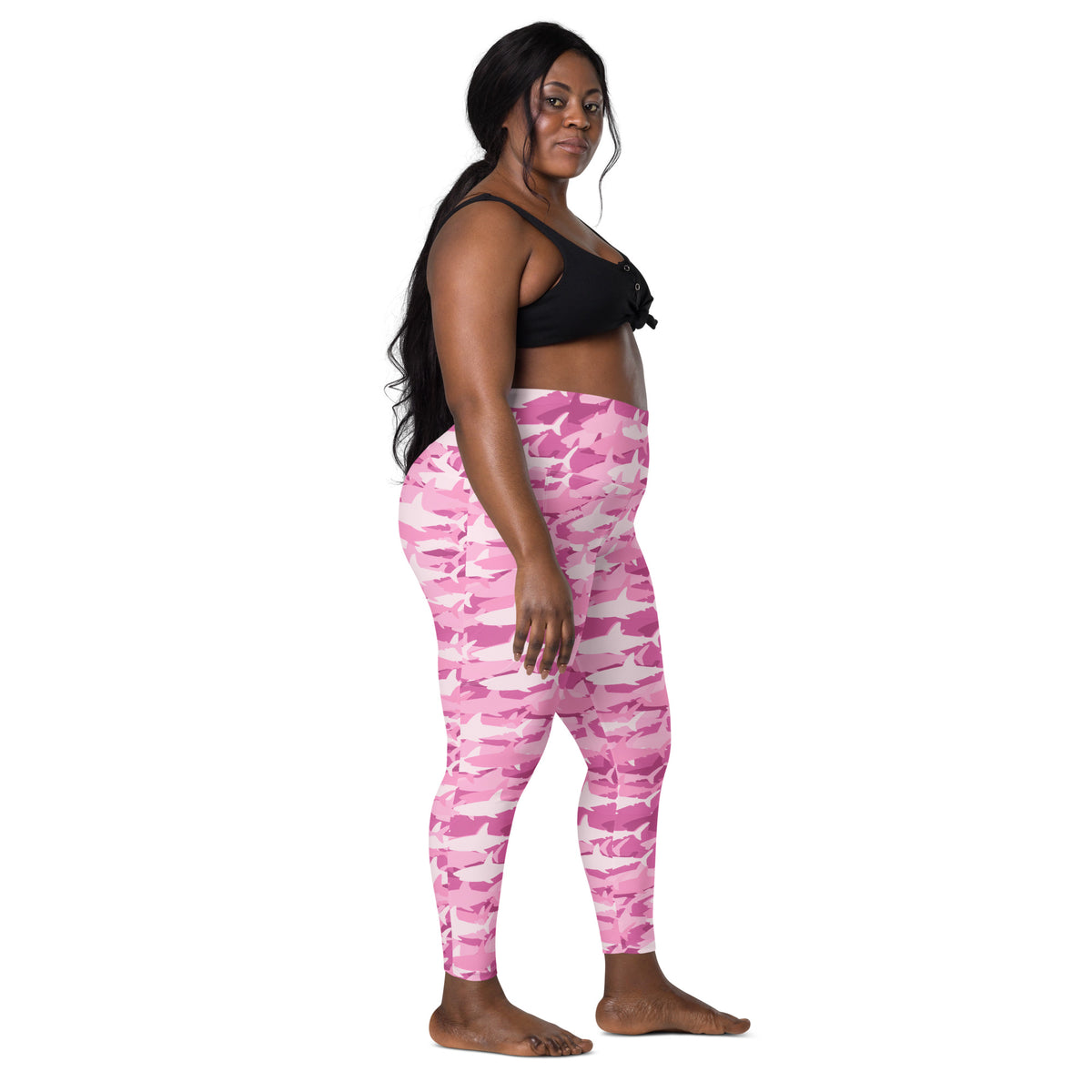 Women’s Pink Shark Camouflage Yoga Leggings With Pockets – High-Waisted, Soft Compression Active Pants