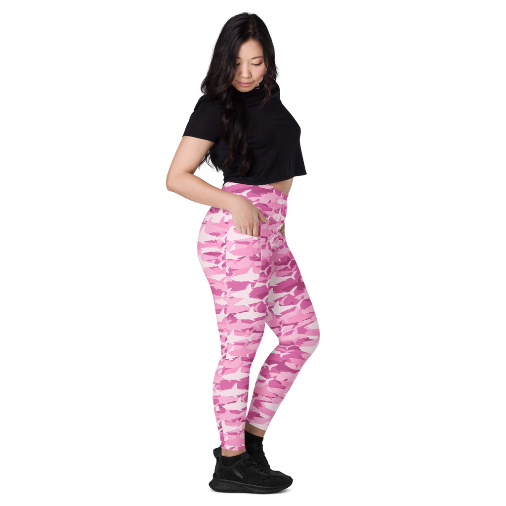 Women’s Pink Shark Camouflage Yoga Leggings With Pockets – High-Waisted, Soft Compression Active Pants
