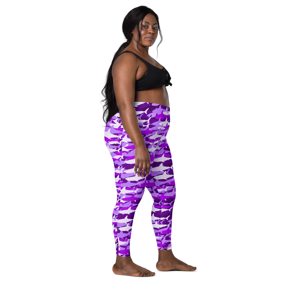 Women’s Purple Shark Camouflage Yoga Leggings With Pockets – High-Waisted, Soft Compression Active Pants