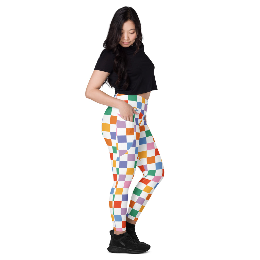Women’s Colorful Checkered Yoga Leggings With Pockets – High-Waisted, Soft Compression Active Pants