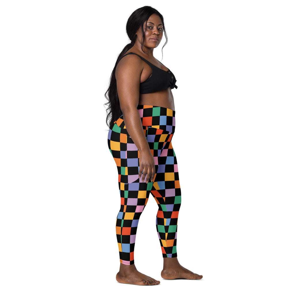 Women’s Dark Colorful Checkered Yoga Leggings With Pockets – High-Waisted, Soft Compression Active Pants