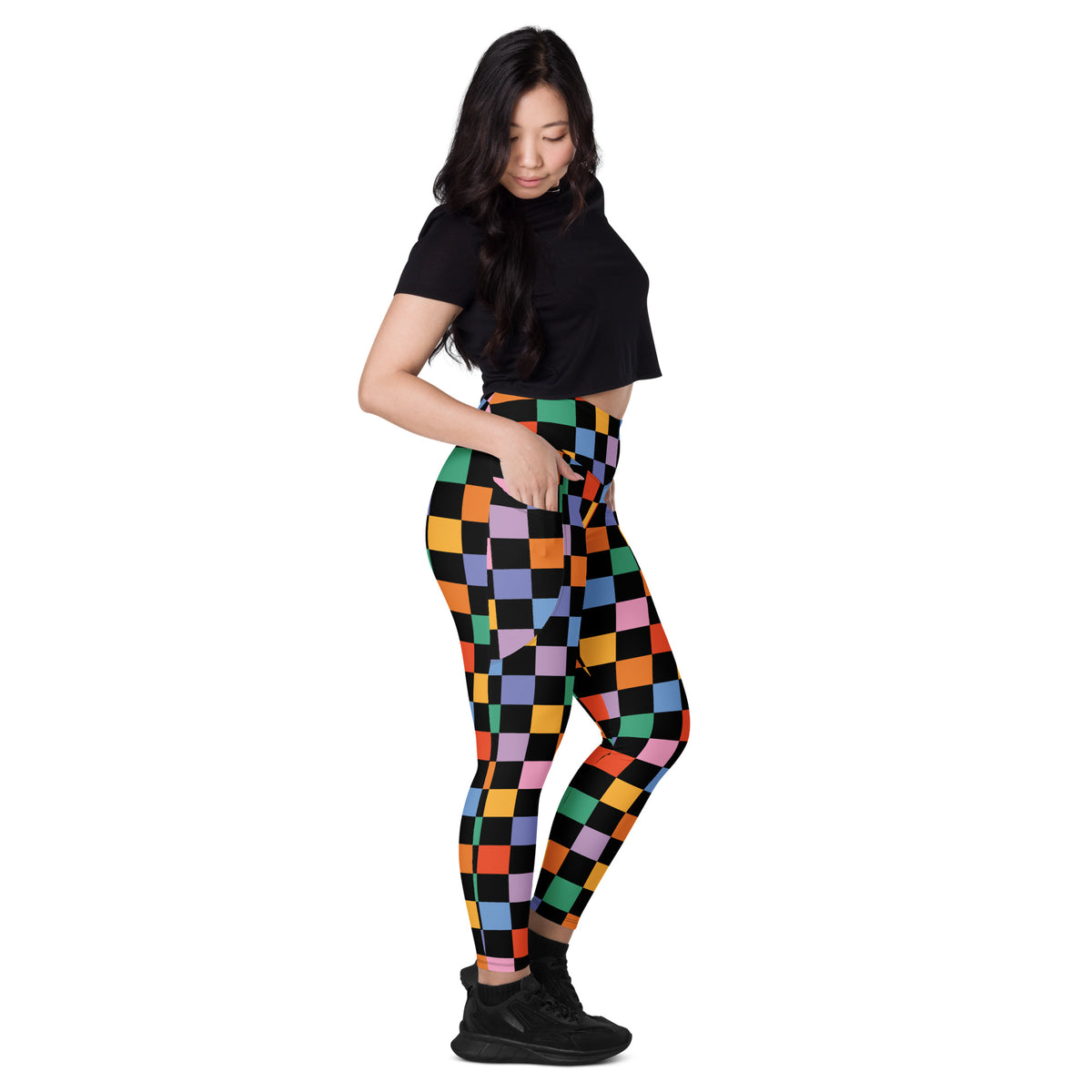 Women’s Dark Colorful Checkered Yoga Leggings With Pockets – High-Waisted, Soft Compression Active Pants