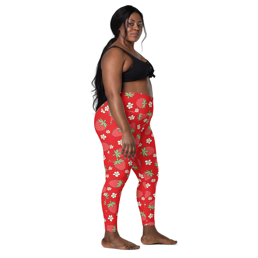 Women’s Floral Strawberry Yoga Leggings With Pockets – High-Waisted, Soft Compression Active Pants