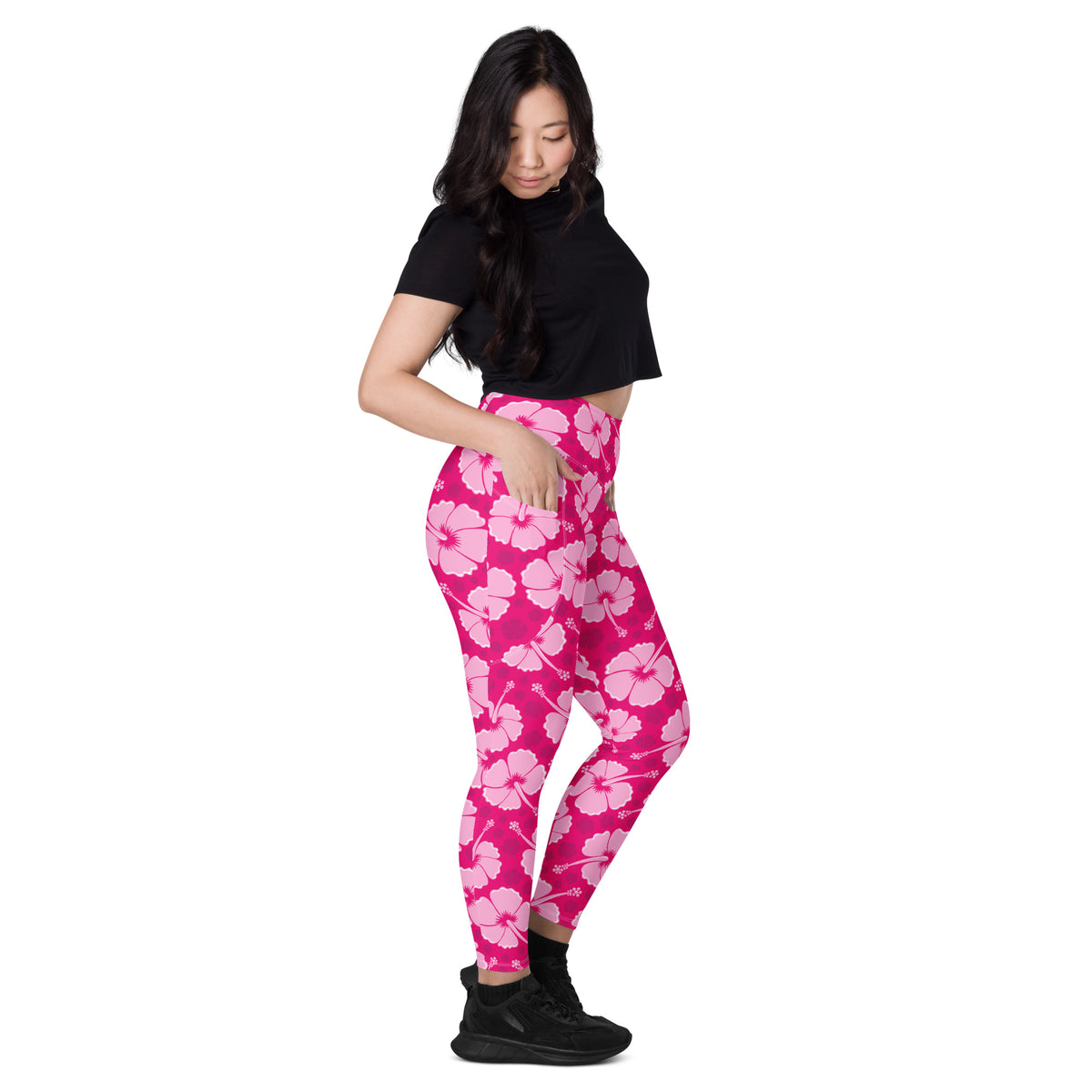Women’s Tropical Pink Hibiscus Yoga Leggings With Pockets – High-Waisted, Soft Compression Active Pants