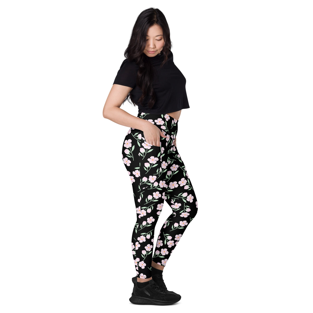 Women’s Pink Floral Leggings With Pockets – High-Waisted, Soft Compression Active Pants