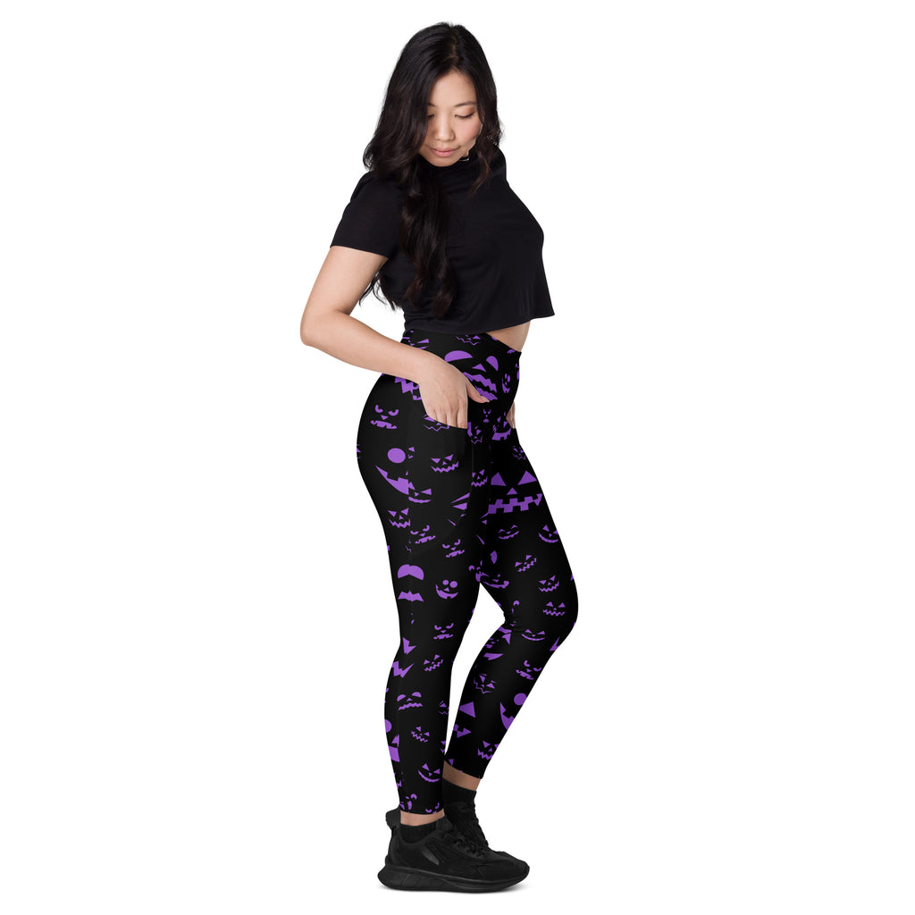 Women’s Purple Jack O’ Lantern Faces Halloween Yoga Leggings With Pockets – High-Waisted, Soft Compression Active Pants