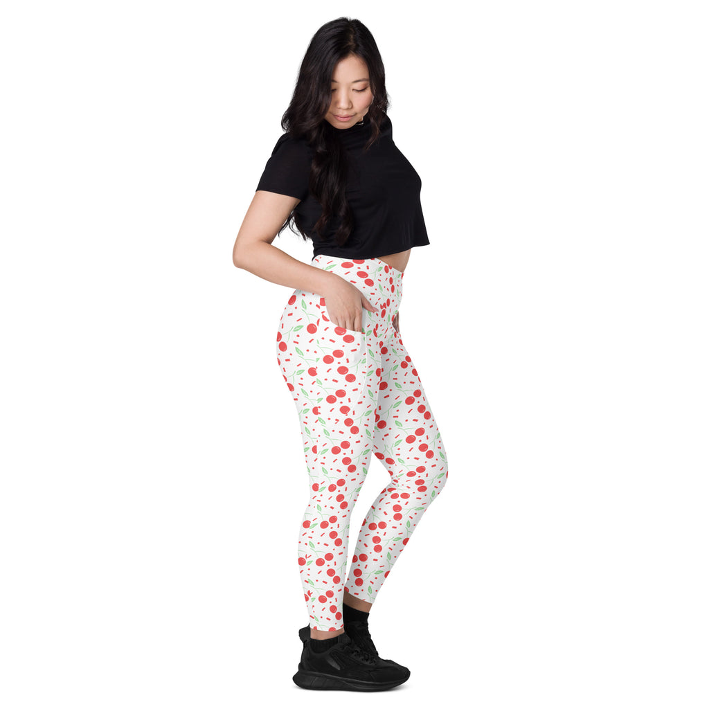 Women’s Cherry Sprinkle Yoga Leggings With Pockets – High-Waisted, Soft Compression Active Pants
