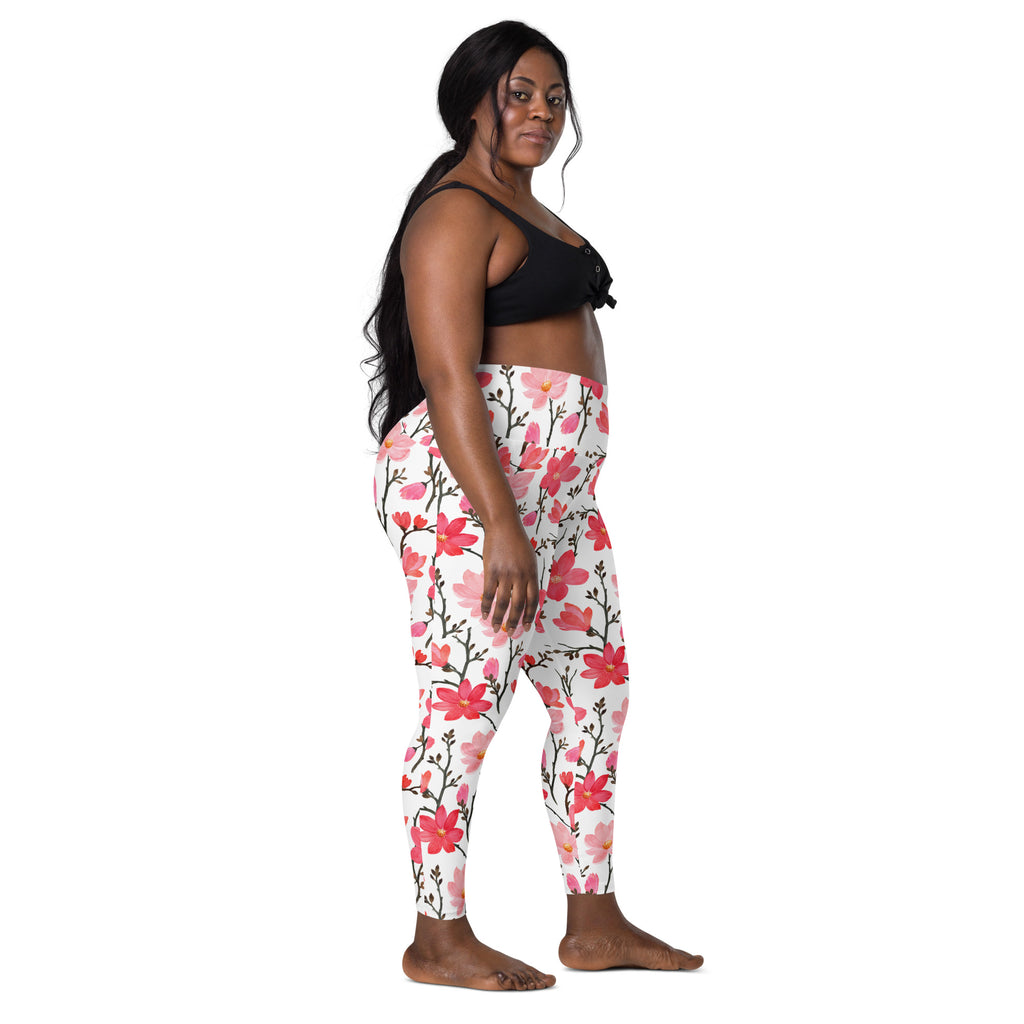 Women’s Pink Watercolor Floral Yoga Leggings With Pockets – High-Waisted, Soft Compression Active Pants