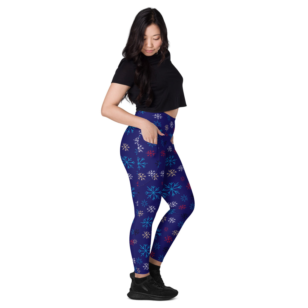Women’s Blue Snowflake Christmas Yoga Leggings With Pockets – High-Waisted, Soft Compression Active Pants