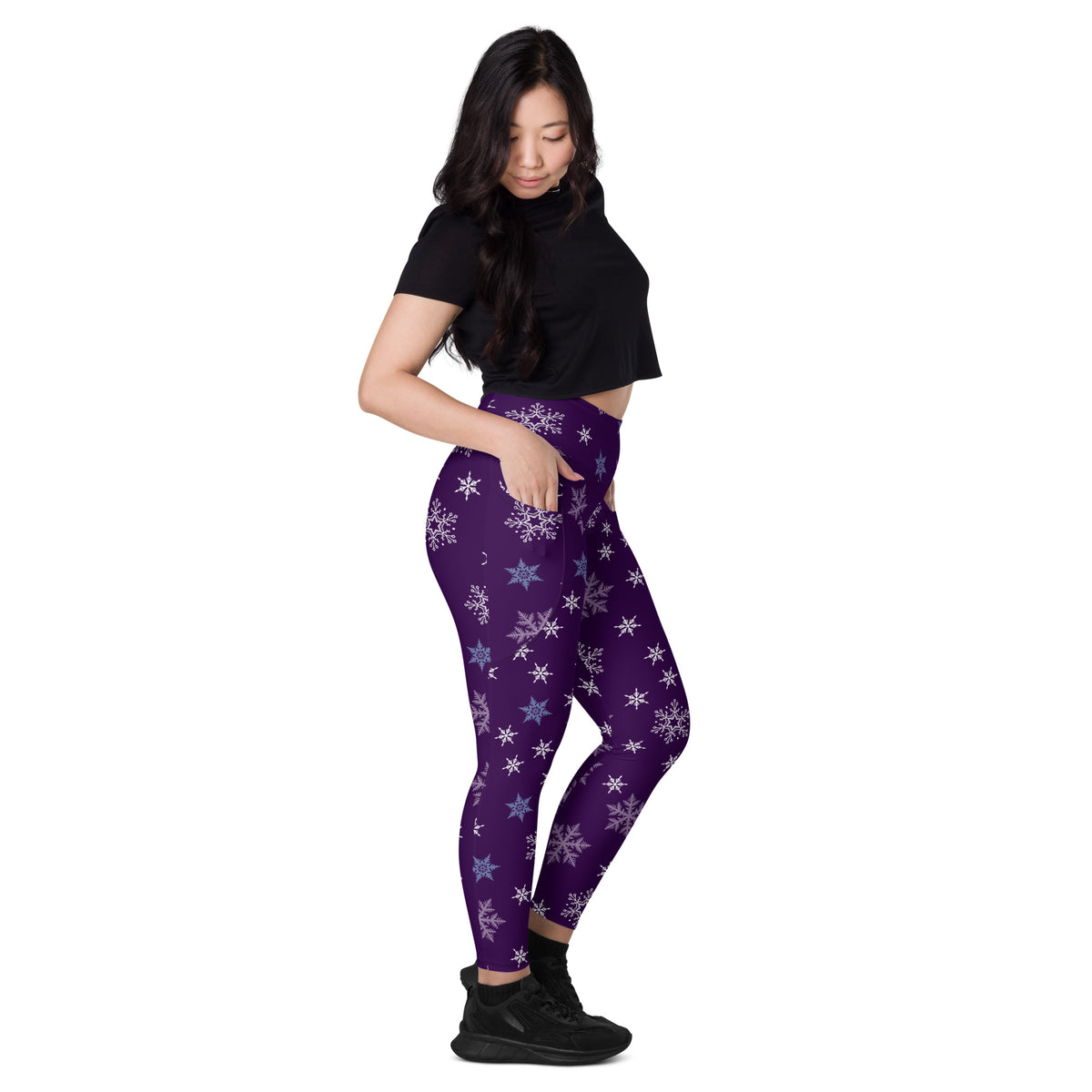 Women’s Purple Snowflake Christmas Yoga Leggings With Pockets – High-Waisted, Soft Compression Active Pants