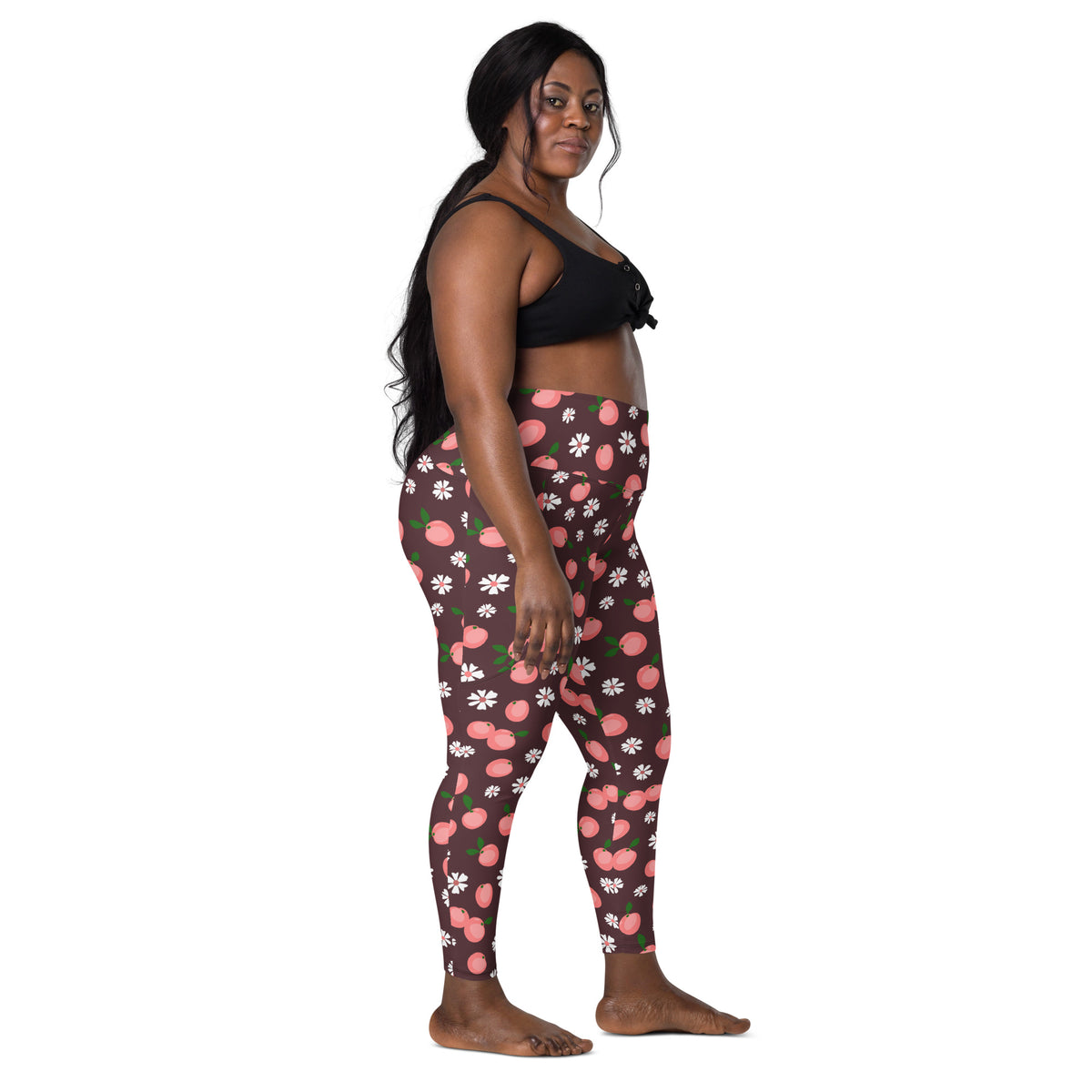 Women’s Peach & Daisy Yoga Leggings With Pockets – High-Waisted, Soft Compression Active Pants
