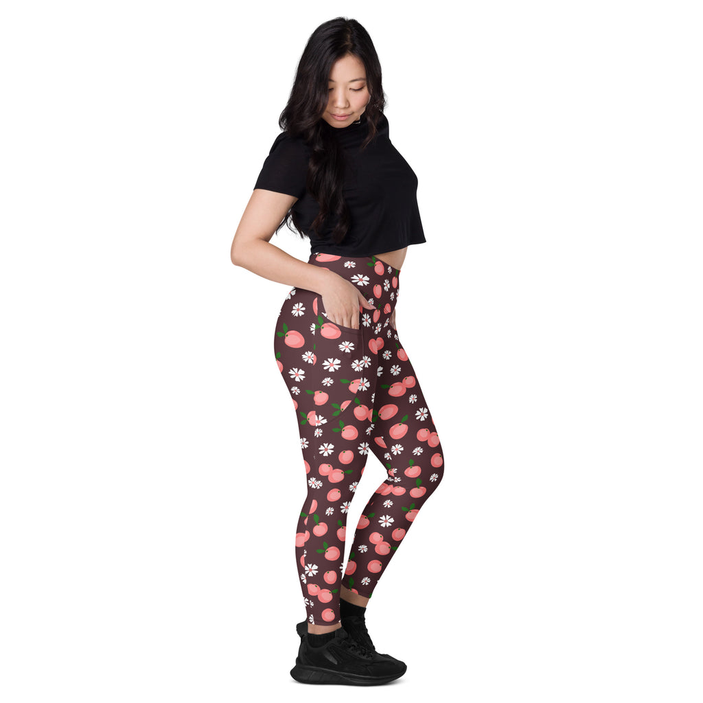 Women’s Peach & Daisy Yoga Leggings With Pockets – High-Waisted, Soft Compression Active Pants
