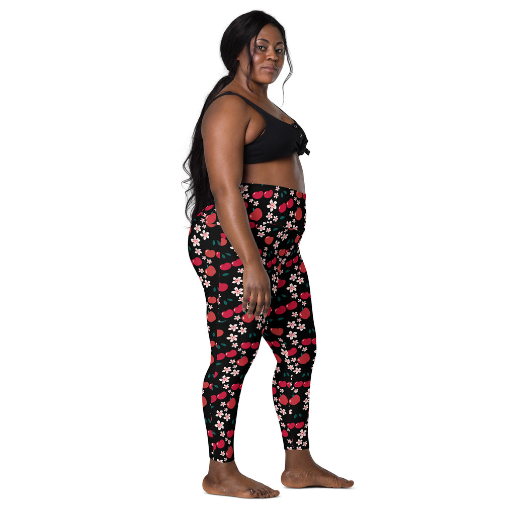 Women’s Apple & Cherry Blossom Yoga Leggings With Pockets – High-Waisted, Soft Compression Active Pants