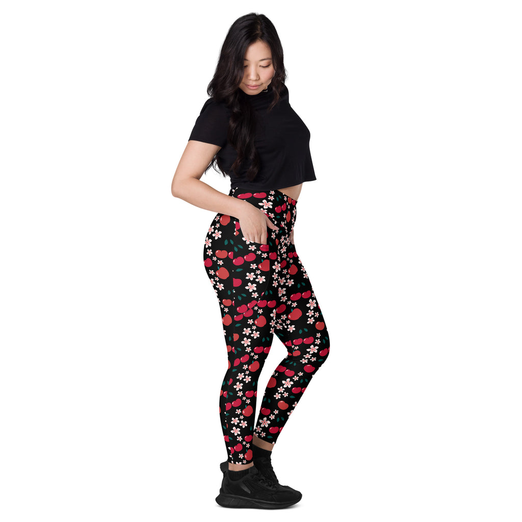 Women’s Apple & Cherry Blossom Yoga Leggings With Pockets – High-Waisted, Soft Compression Active Pants