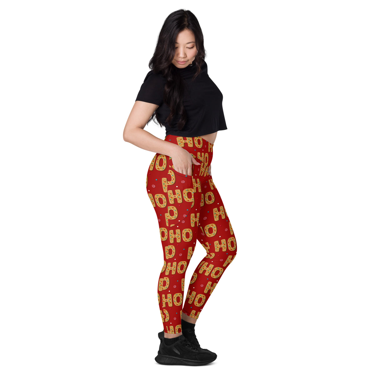 Women’s Gingerbread Ho Ho Ho Christmas Yoga Leggings With Pockets – High-Waisted, Soft Compression Active Pants
