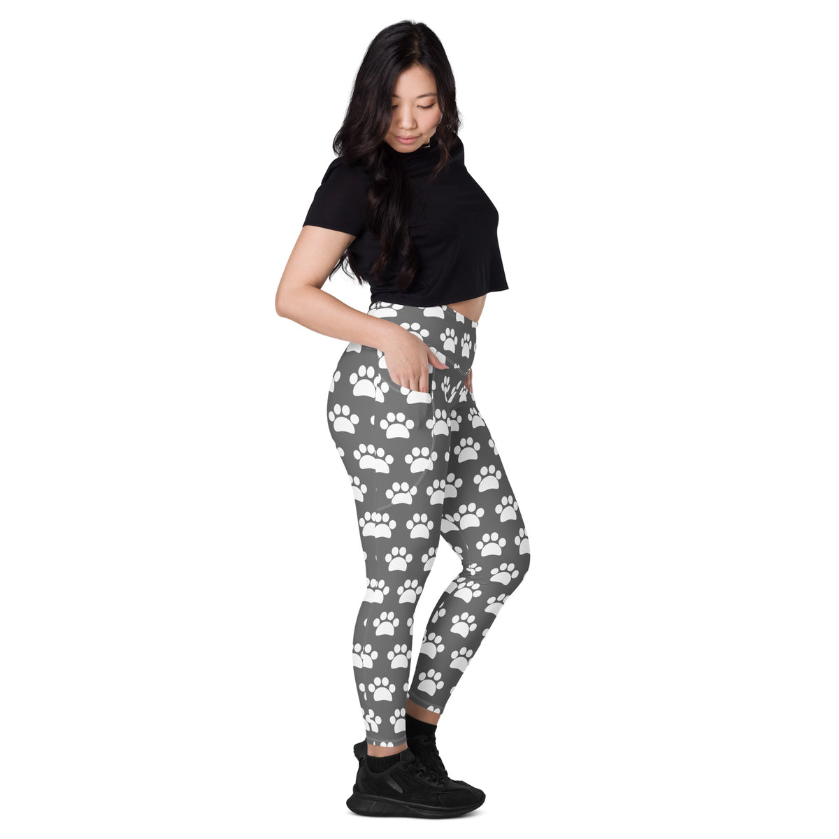 Women’s Gray Paw Print Yoga Leggings With Pockets – High-Waisted, Soft Compression Active Pants