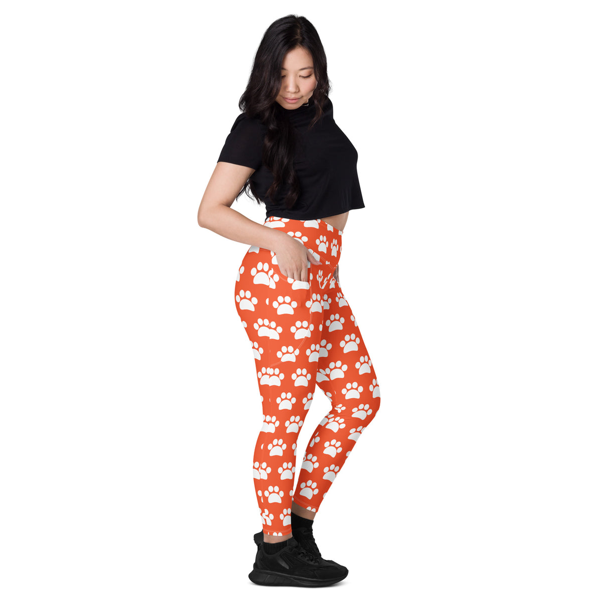 Women’s Bright Orange Paw Print Yoga Leggings With Pockets – High-Waisted, Soft Compression Active Pants
