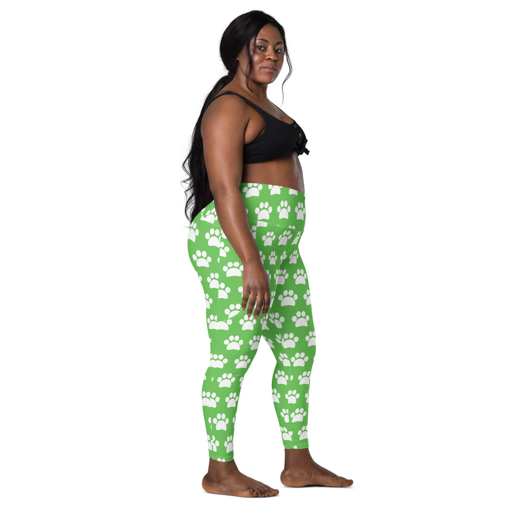 Women’s Green Paw Print Yoga Leggings With Pockets – High-Waisted, Soft Compression Active Pants