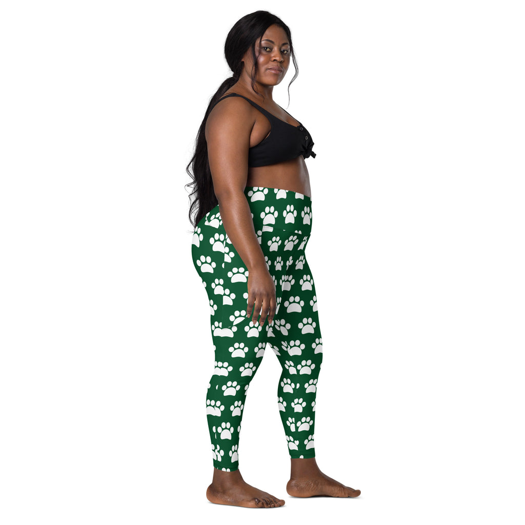Women’s Forest Green Paw Print Yoga Leggings With Pockets – High-Waisted, Soft Compression Active Pants