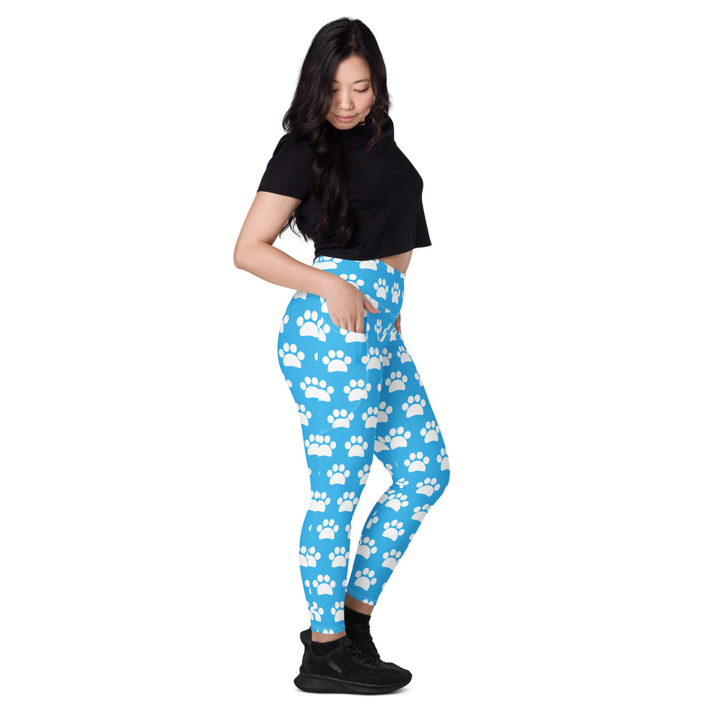 Women’s Light Blue Paw Print Yoga Leggings With Pockets – High-Waisted, Soft Compression Active Pants